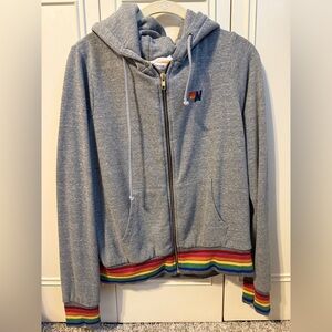 Aviator Nation Gray Hoodie with Rainbow Trim